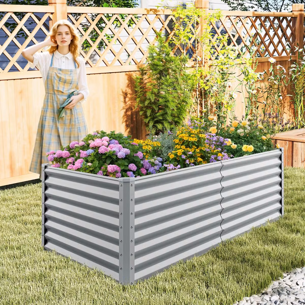 Fioriera rialzata da giardino Costway in metallo grigio con design a fondo aperto e angoli rinforzati, Altezza: 60 cm