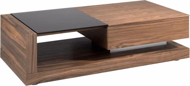 Tavolino rettangolare moderno Angel Cerdá con piano in vetro nero e finitura noce L: 70 cm, P: 36 cm, H: 70 cm – 1