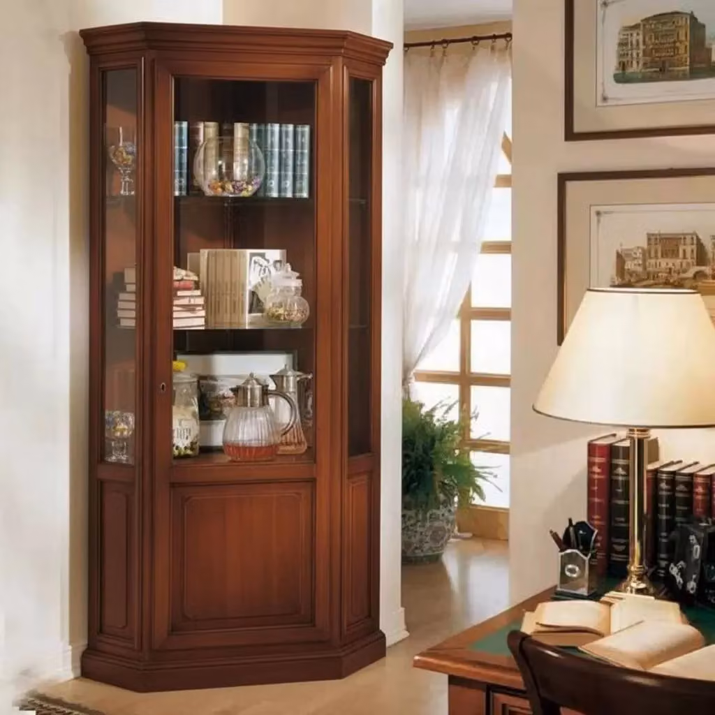 Vetrina angolo Mobili 2G in legno e vetro con ante in vetro, colore noce, L: 75 cm, P: 75 cm, H: 215 cm – 2