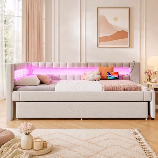 Letto da giorno ULEVR 90x200 cm con letto estraibile, LED, USB e Type-C, rivestimento in lino beige