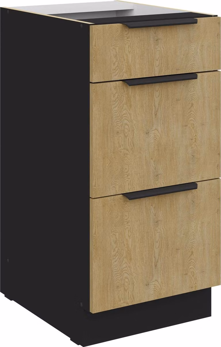 Mobile base da cucina 40 cm CREMONA rovere chiaro + nero opaco, cassetto a estrazione totale con chiusura ammortizzata, cucina, angolo cottura, cucina componibile, blocco cucina