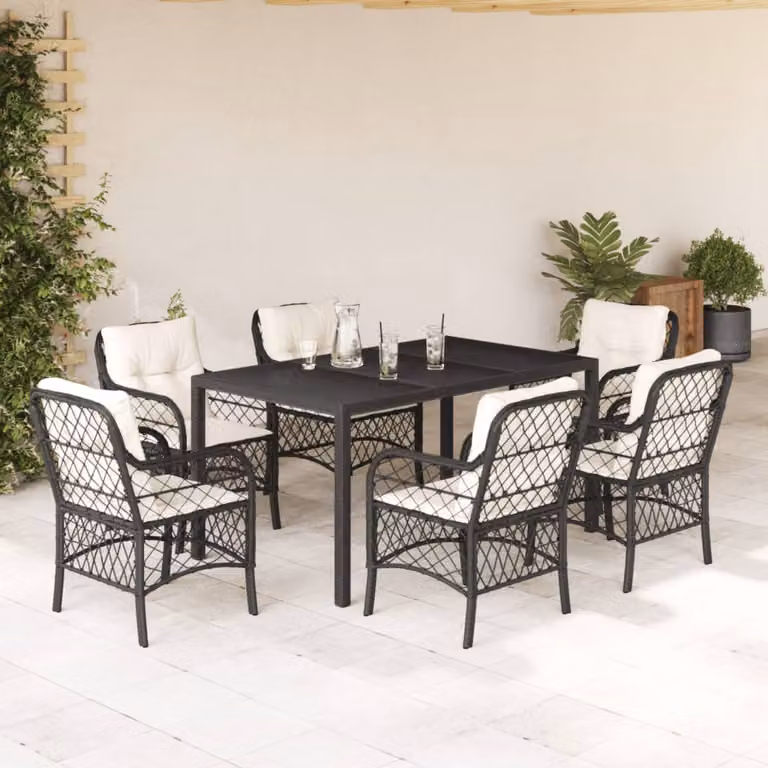 Set da Pranzo da Giardino vidaXL 7 pz in Polyrattan Nero con Piano in Vetro e Cuscini