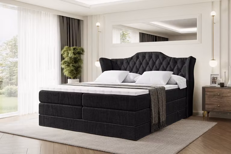 Letto boxspring ALTDECOR con 2 materassi e topper - 200x200 cm - VILA KING - Velluto nero - Letto imbottito con materassi H3 e H4, contenitore e rete a doghe, letto con spazio contenitivo