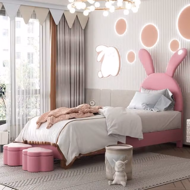 Letto imbottito 90x200 cm; con 2 panche contenitore e LED; velluto; rosa (Senza materasso)