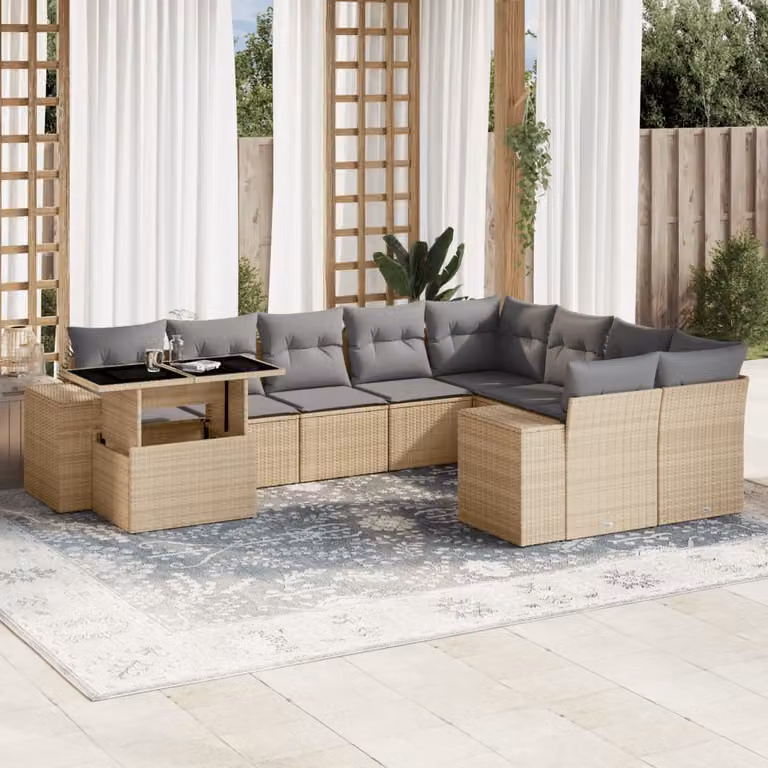 Set Divano da Giardino vidaXL 10 pz in Polyrattan con Cuscini Beige e Grigio per Terrazza e Giardino