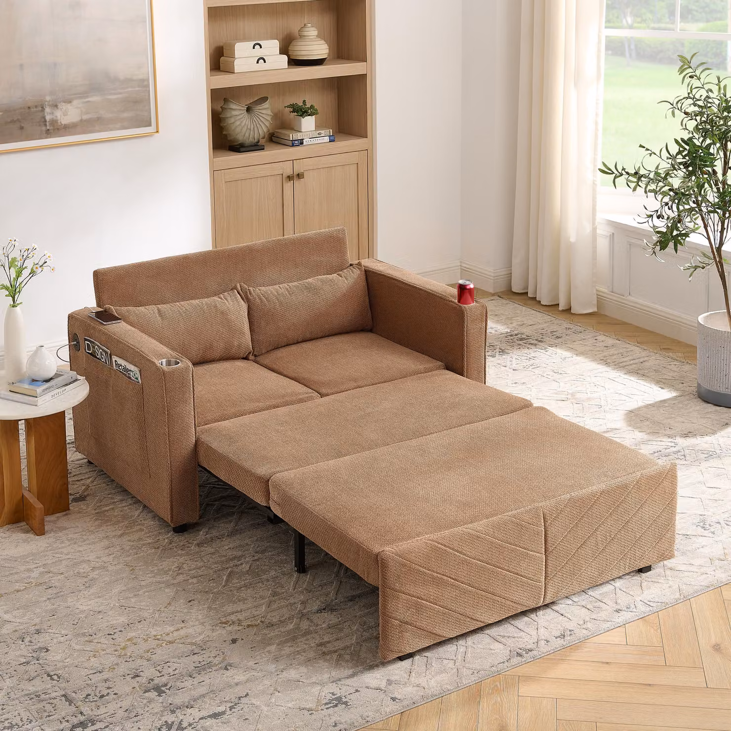 MODFU Letto pieghevole 2 posti, sistema scorrevole, porta di ricarica USB, divano imbottito, funzione relax, ideale per piccoli appartamenti, colore arancione