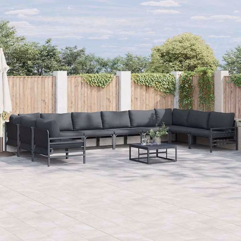 Set Divano da Giardino Moderno vidaXL 10 Pezzi con Angolare, Tavolino e Cuscini Imbottiti in Acciaio Antracite e Nero
