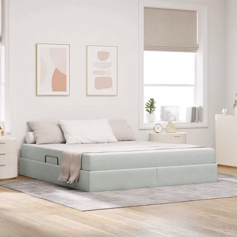 vidaXL Letto con contenitore e materasso ibrido in tessuto grigio L: 180 cm, P: 200 cm, H: 204 cm