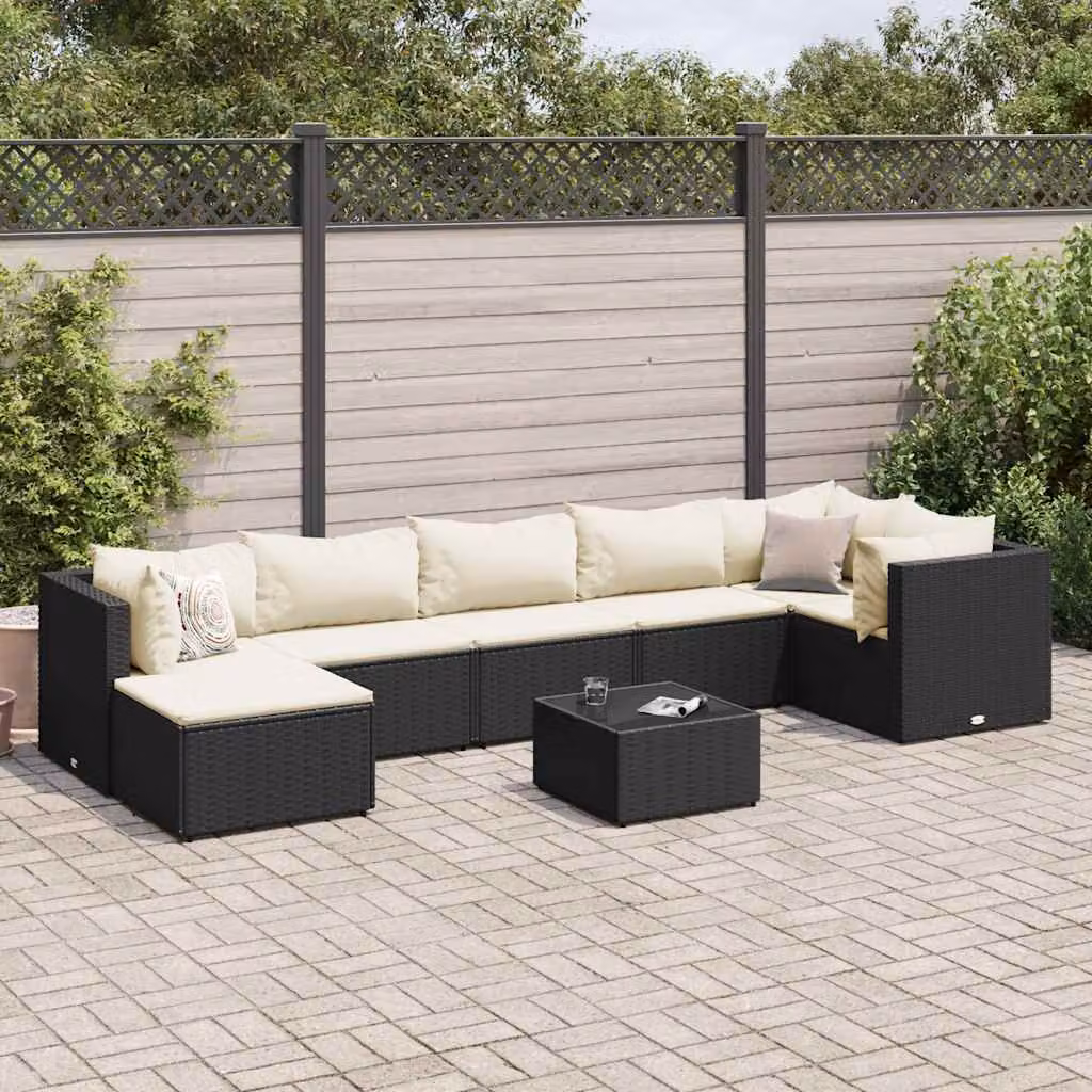Set Mobili da Giardino vidaXL a Forma di L con 8 Pezzi, Polyrattan Nero e Bianco con Cuscini Imbottiti e Tavolino in Vetro – 1