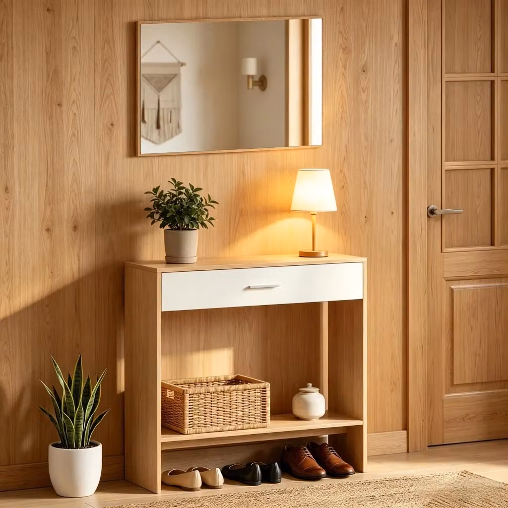 Consolle da ingresso REDOM con specchio in MDF, colore beige e bianco, L: 91,5 cm, P: 27,9 cm, H: 85,5 cm – 2
