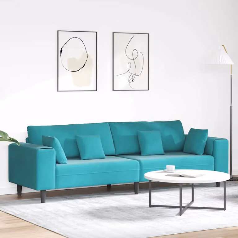 Divano moderno vidaXL in velluto turchese con cuscini, L: 250 cm, P: 77 cm, H: 76 cm