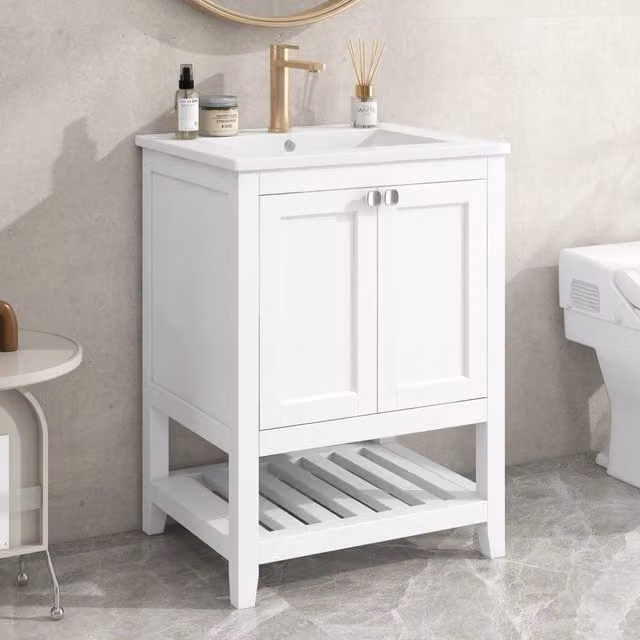 Mobile bagno con lavabo singolo e sottolavabo, 60 cm, con lavandino in ceramica, bianco
