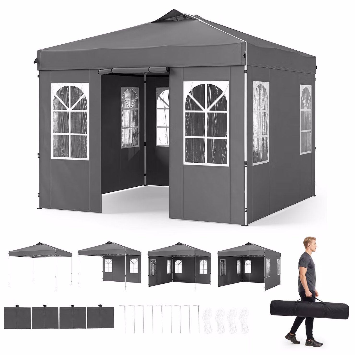 KOMFOTTEU, gazebo pop-up da giardino, dimensioni 3 x 3 metri, con struttura regolabile in altezza e dotato di 4 pareti laterali (grigio)