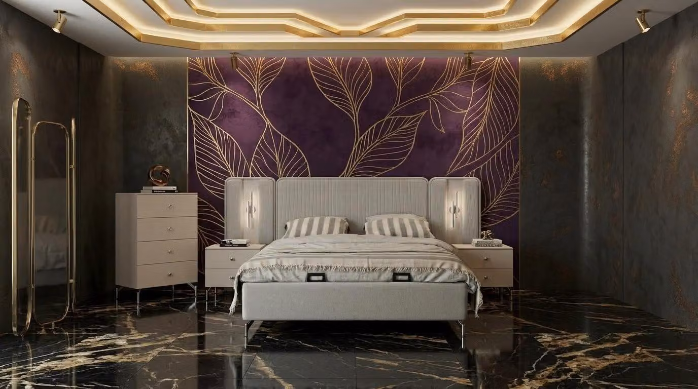 Bett con 2 comodini e cassettiera, stile moderno, colore grigio, design confortevole