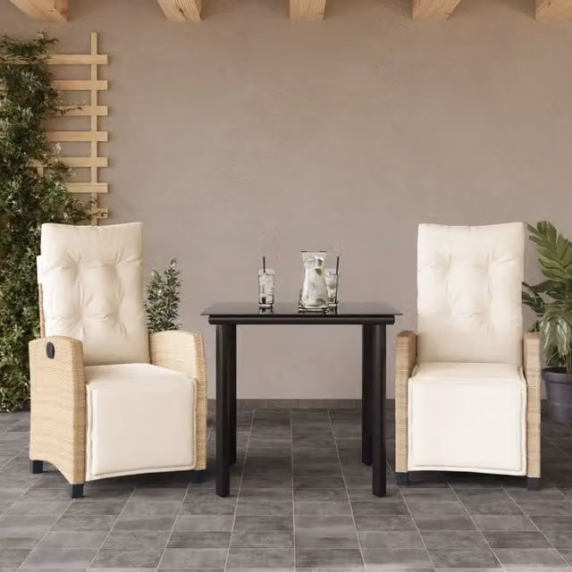 Set da pranzo da giardino moderno vidaXL in polyrattan con piano in vetro e cuscini beige composto da 3 pezzi
