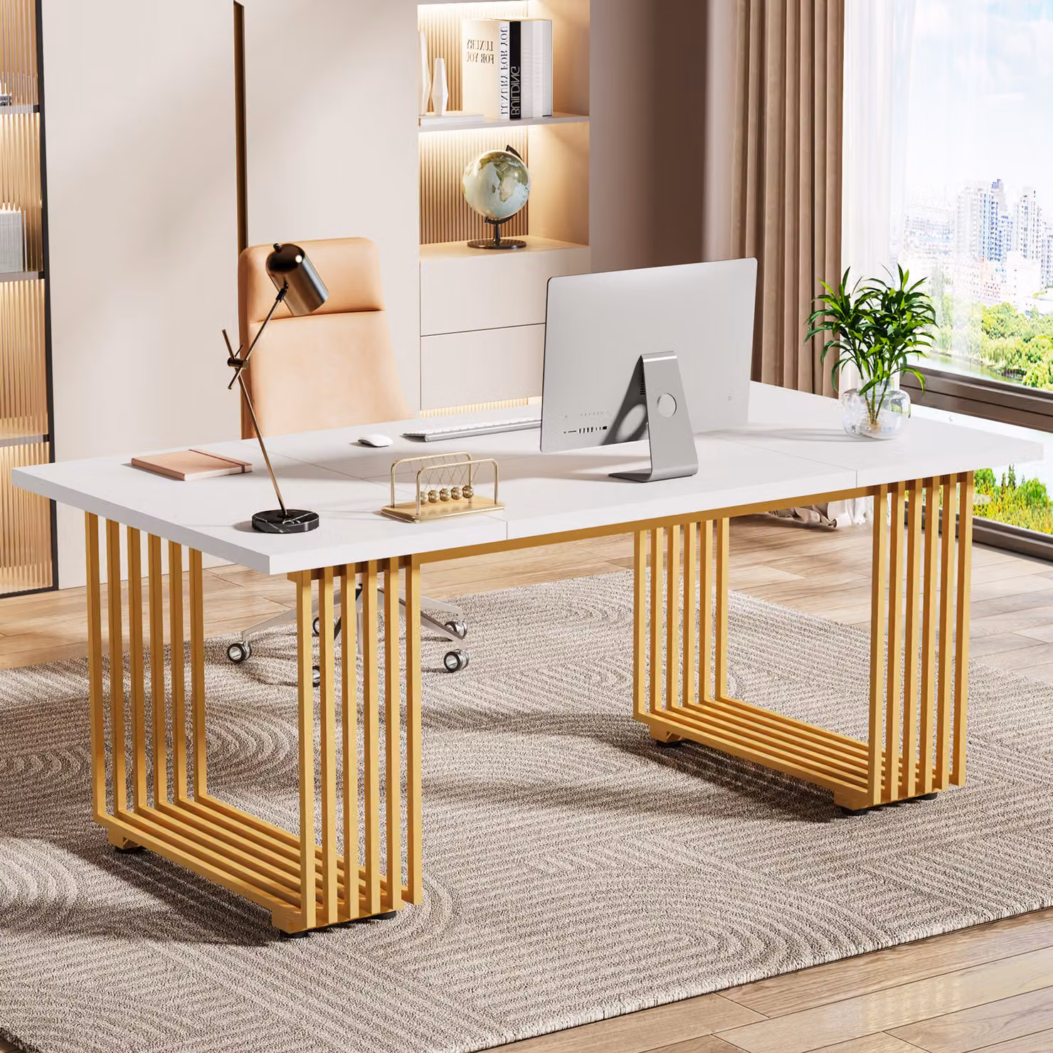 Tribesigns scrivania per computer, 180 x 80 x 78 cm scrivania moderna per ufficio tavolo da lavoro tavolo da pranzo con gambe dorate, tavolo da conferenza, bianco/oro