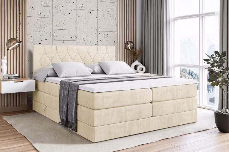 Letto boxspring ALTDECOR con 2 materassi e topper - 160x200 cm - VELANTO -BZ KING - Beige Monolith 04 - Letto imbottito con materassi H3 e H4, contenitore e rete a doghe, letto con spazio di stivaggio