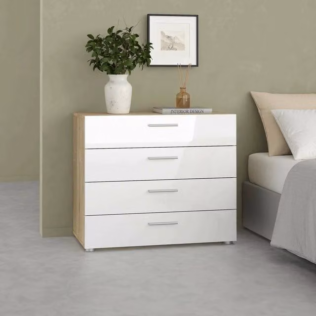 Cassettiera Arwen DMORA con cassetti, mobile multiuso per camera da letto o soggiorno, Quercia e Bianco lucido, L 80 cm x P 40 cm x H 68 cm