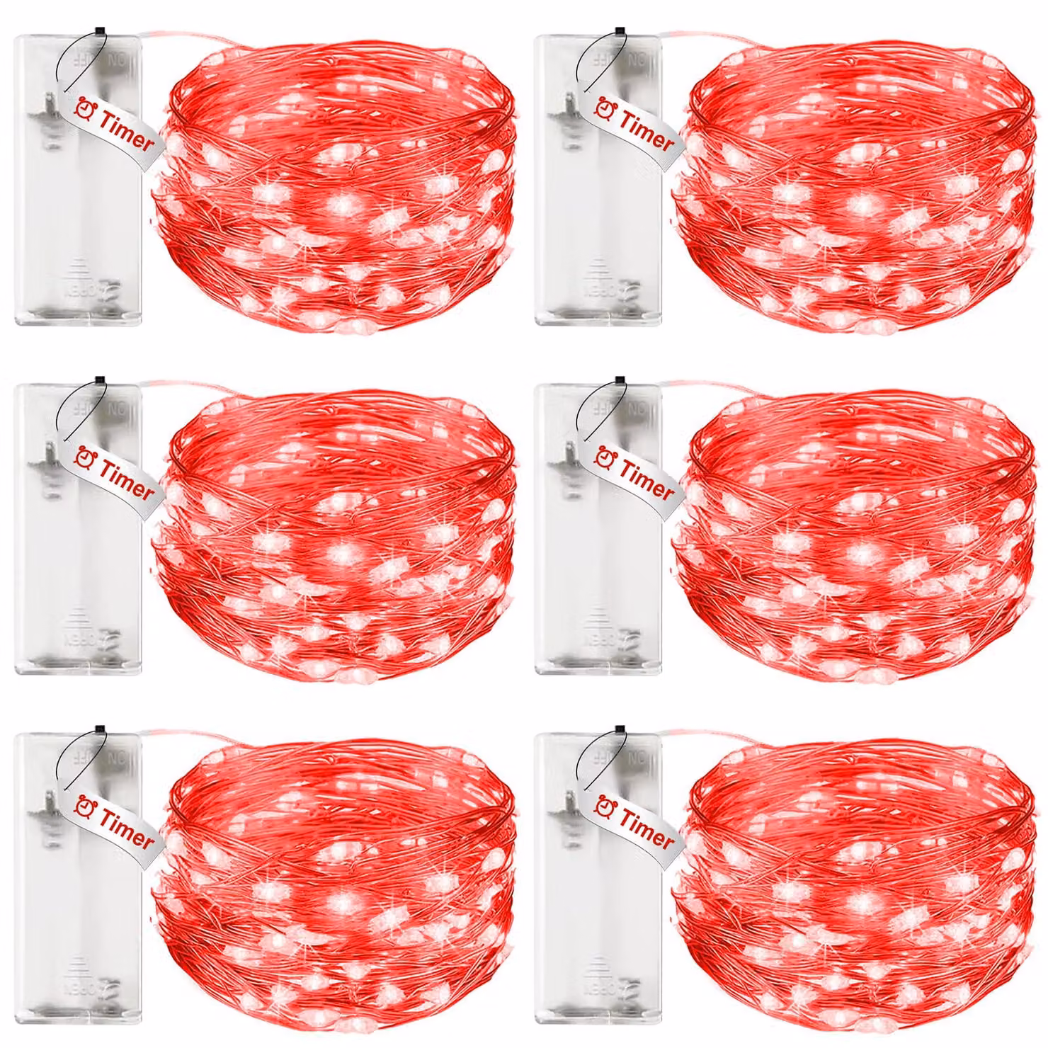 Catena luminosa da 3 metri, con 30 LED, timer, impermeabile, filo di rame, confezione da 6 pezzi, colore rosso