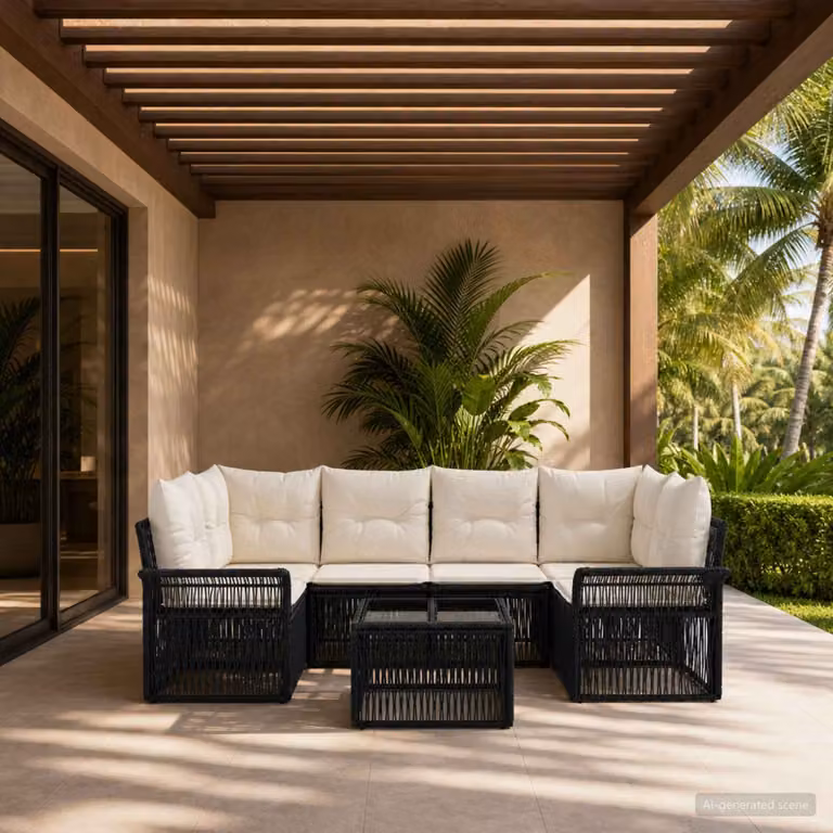 Set Divano da Giardino vidaXL a Forma a U in Polyrattan con Tavolino e Cuscini, Nero e Bianco