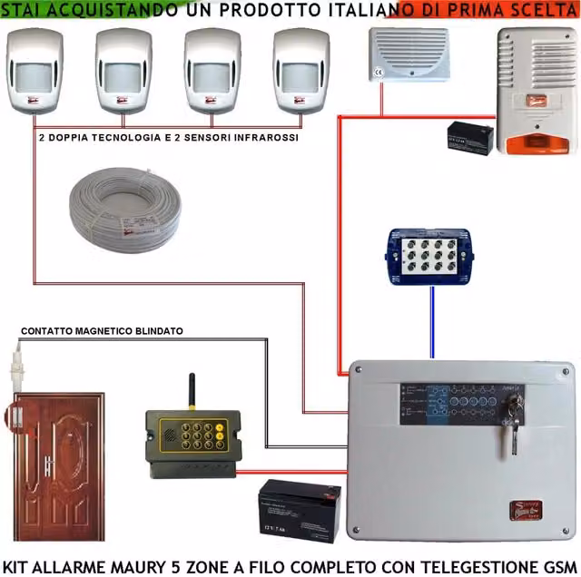 Kit Impianto Antifurto Maury Diana 5 Zone con 2 Infrarossi, 2 Contatti Magnetici, Chiamata GSM, Telegestione, Sirene Interne ed Esterne Lampeggianti e Tastiera Bianca con 100 MT di Cavo 2+4