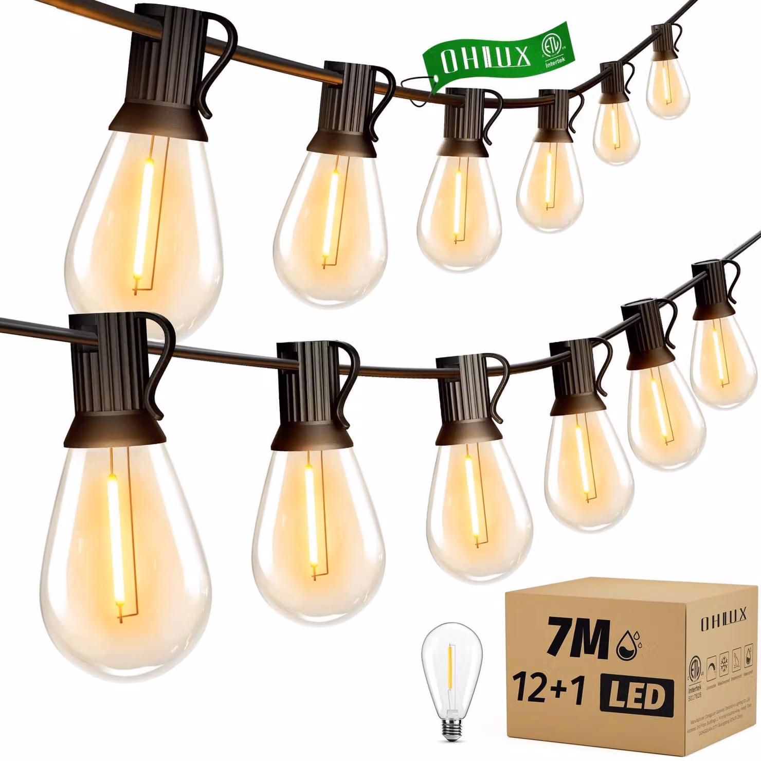 Catena luminosa a LED, lunghezza 7,6 metri, 13 lampadine, temperatura di colore 2200 K, luce bianco caldo, grado di protezione IP65, espandibile