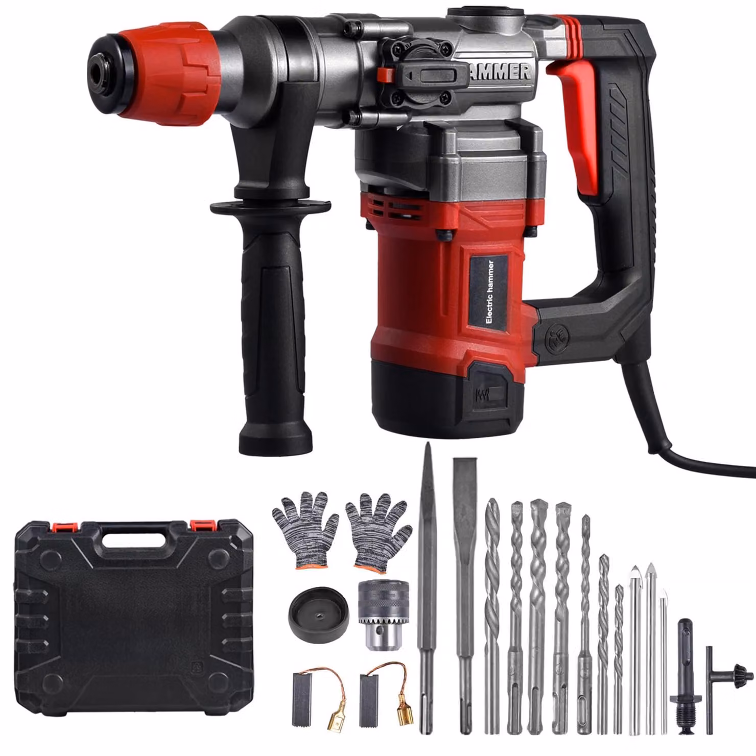 Martello perforatore elettrico - Martello demolitore - 2000 W - 3 modalità - Frizione di sicurezza - Controllo delle vibrazioni - Rosso