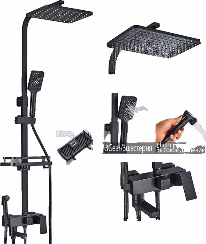 Set doccia nero, regolabile in altezza, soffione nero a 4 vie A