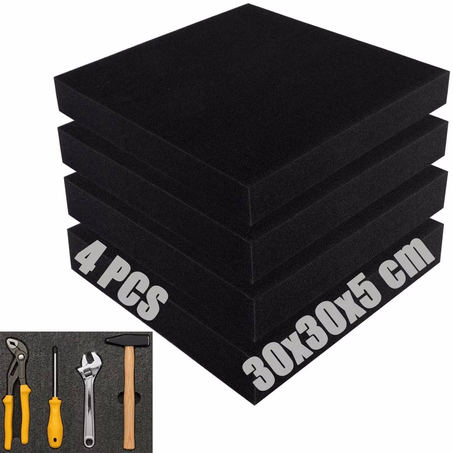 Spugna per utensili, confezione da 4 pezzi - Inserti per valigette utensili - Inserti in schiuma - 300 x 300 x 50 mm - Nera - Inserti