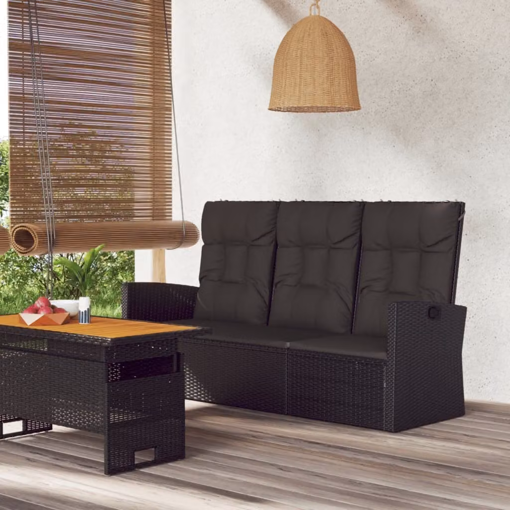 The Living Store Panchina da giardino con funzione reclinabile e cuscini Nero 173cm Poly Rattan