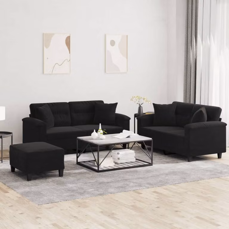 vidaXL Set di Divani 3 Pezzi Moderno in Microfibra Nera con Cuscini e Struttura Imbottita