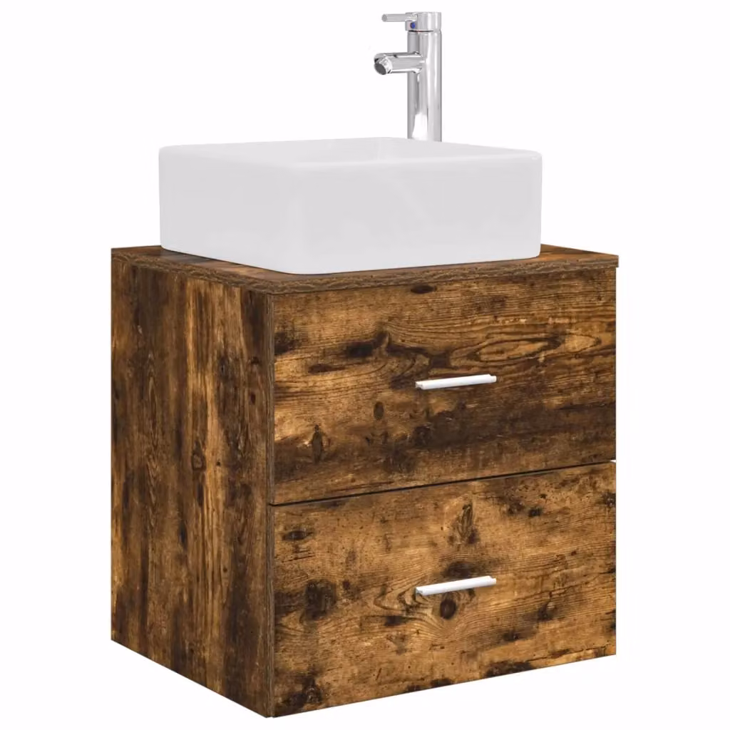 Mobile Lavabo da Parete Moderno vidaXL in Rovere con Cassetti e Ante, Colore Marrone e Argento, L: 53 cm, P: 34,5 cm, H: 63 cm – 2