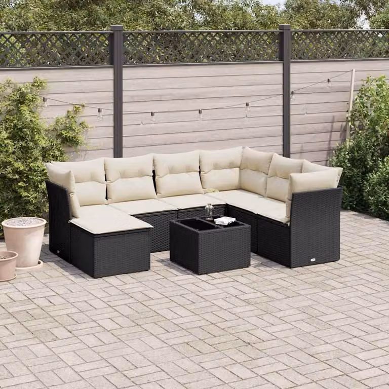 vidaXL Set Divani da Giardino a L con Cuscini 8 pz in Polyrattan Nero e Bianco con Tavolino e Ottoman