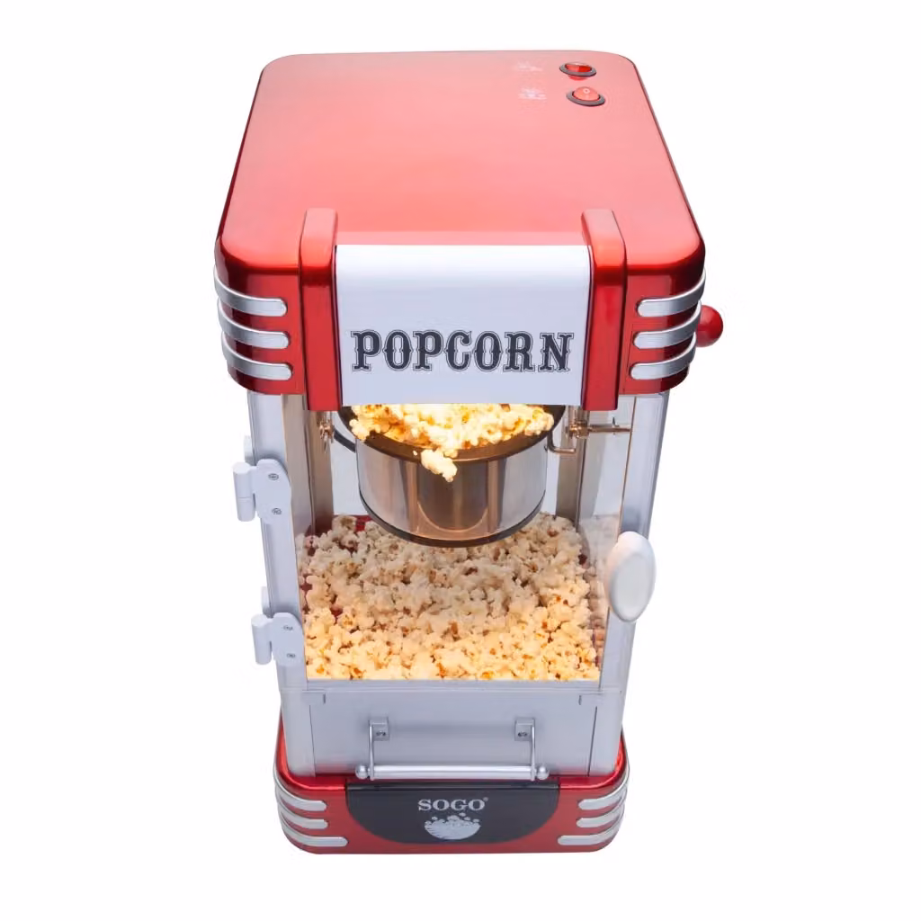 Macchina per popcorn elettrica SOGO in stile cinema retrò, colore rosso e bianco, con recipiente in acciaio inox e potenza 310W – 2