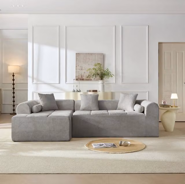 Divano angolare in ciniglia grigio chiaro con tasca laterale HOMVRA