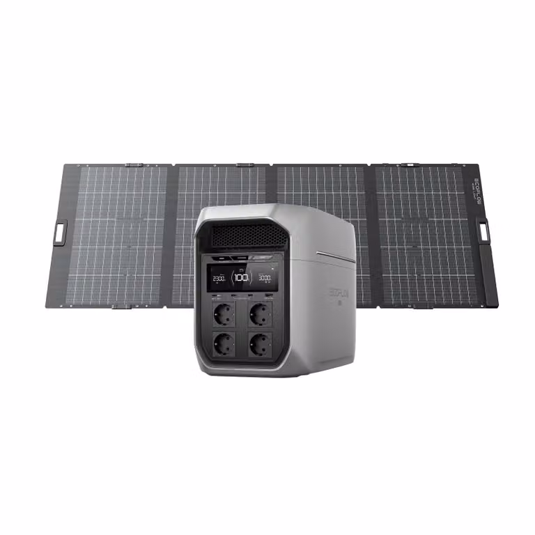 Stazione di ricarica portatile ECOFLOW DELTA 3 Max Plus da 2 048 Wh con pannello solare bifacciale da 400 W, uscita CA da 3 000 W e ingresso solare da 1 000 W