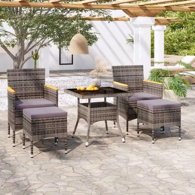 Set Pranzo da Giardino 5 pz Polyrattan e Vetro Temperato Grigio 3058335