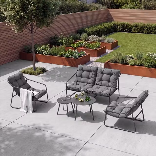 Set di 5 Mobili da Giardino Kivanta en.casa con Divano a 2 Posti, 2 Poltrone e 2 Tavolini Rotondi, Grigio Scuro