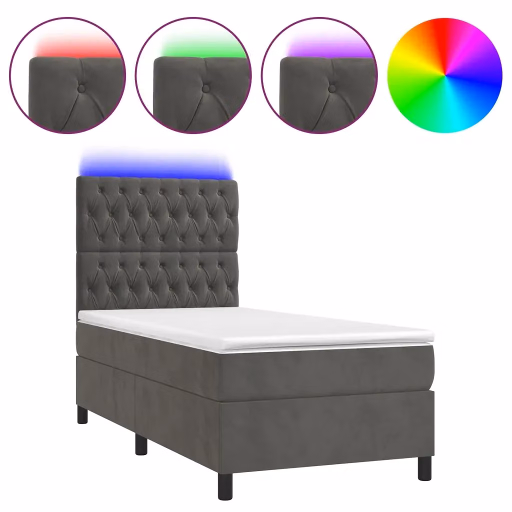 Letto a Molle con Materasso e LED vidaXL in Velluto Grigio Scuro L/P: 90 x 200 cm – 2