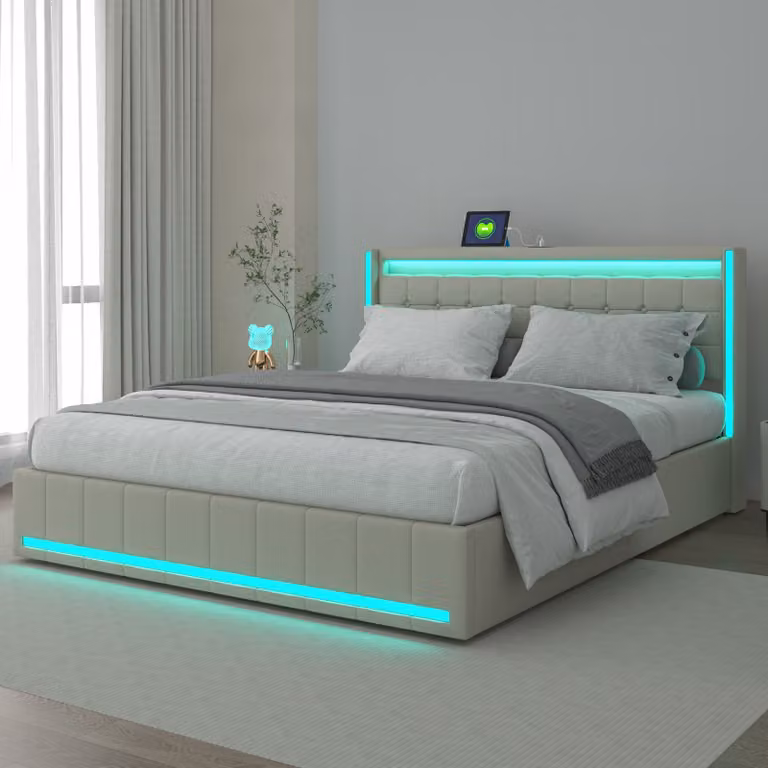 UnboxG letto imbottito 160x200cm con funzione di ricarica (USB&Typ-c), letto contenitore letto matrimoniale con rete a doghe e 4 cassetti, letto per ragazzi con LED, letto in legno letto funzionale, biancheria, beige