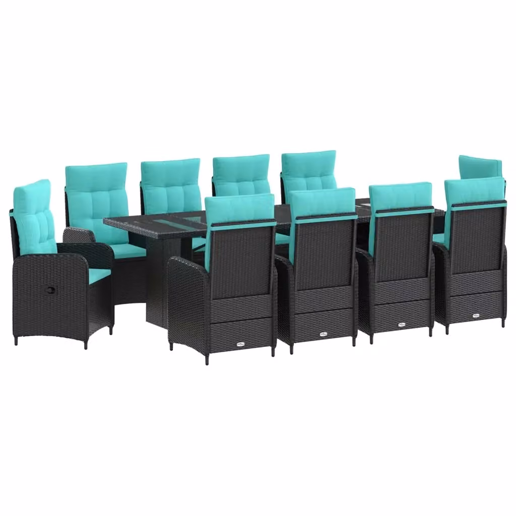 Set da pranzo per esterni vidaXL in polyrattan e legno di acacia, 11 pezzi, Nero e Turchese, L: 240 cm, P: 110 cm, H: 75 cm – 2