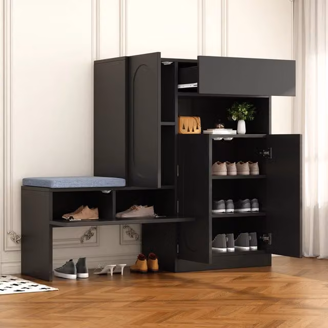 Scarpiera 2-in-1 moderna - Zephmum- 130¡Á35¡Á110cm- Nero- Porte curve chiusura morbida ripiani regolabili panca imbottita