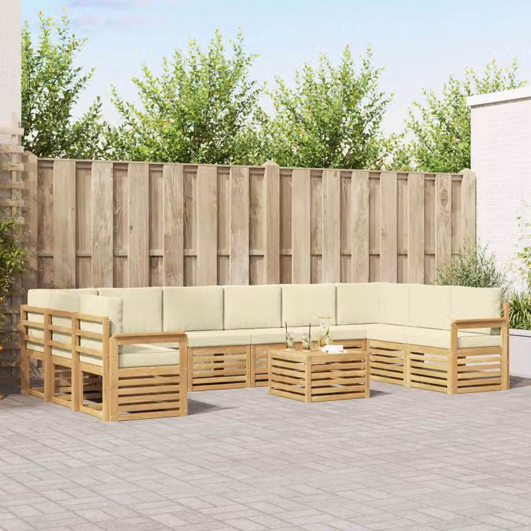 vidaXL Set di divani da esterno a L con tavolino da giardino in legno di acacia, Bianco e Beige