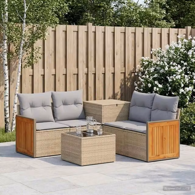 Set di divani da giardino a forma di L vidaXL in polyrattan beige e grigio con tavolo da caffè e cuscini inclusi