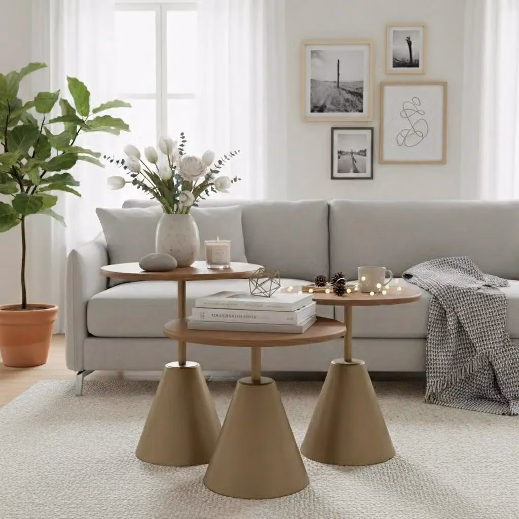 Tavolino da divano rotondo, moderno, elegante, confortevole, di stile, elegante, in legno, color marrone
