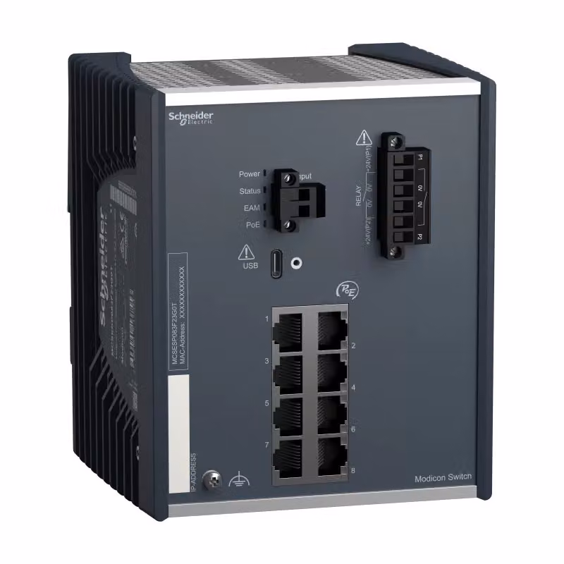 Switch gestito PoE Schneider Electric Modicon, 8 porte Gigabit per cavi in rame (8TX 10/100/1000 Mbit/s), temperatura estesa, Power over Ethernet MCSESP083F23G0T