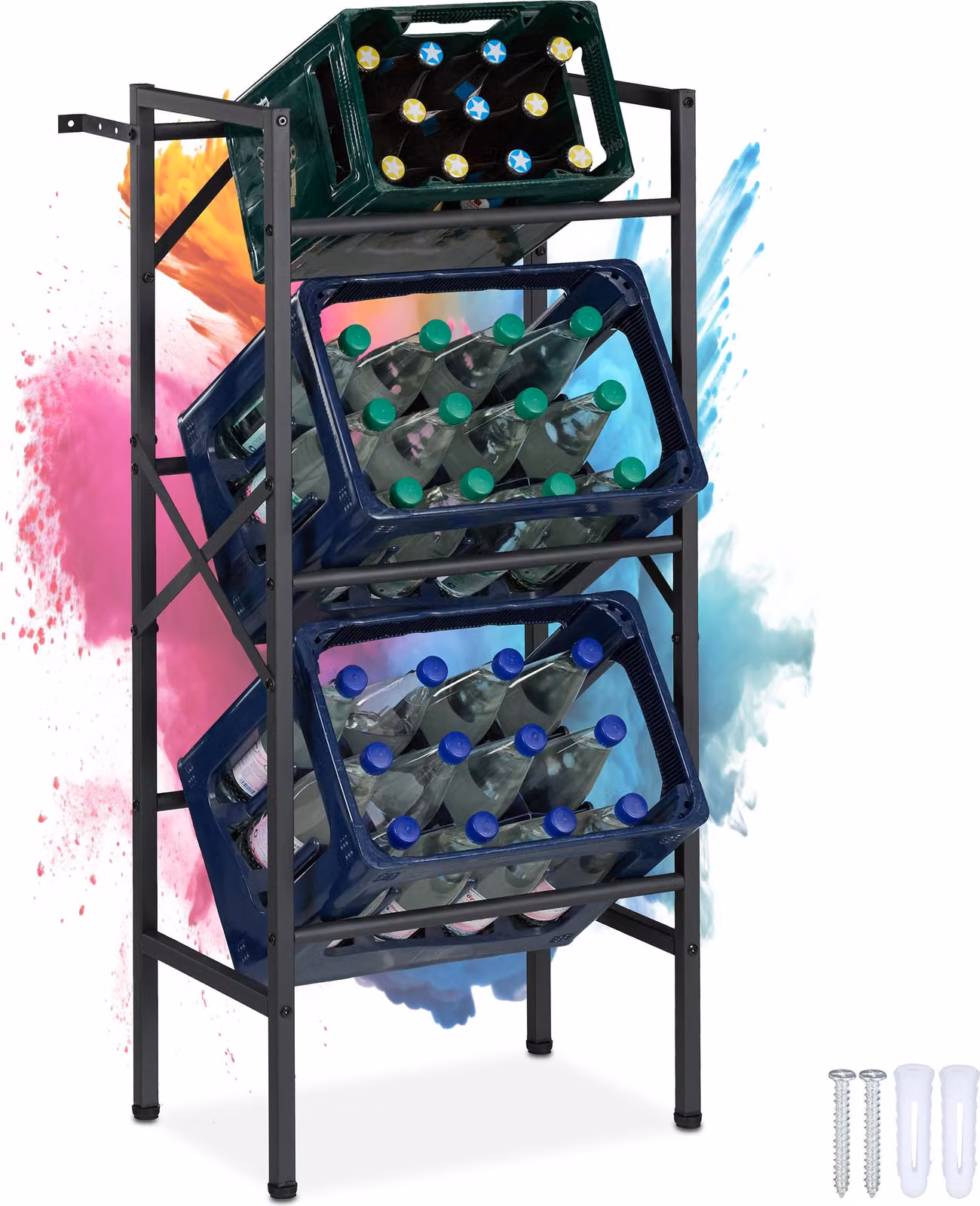 Scaffale per casse di bevande Relaxdays, A x L x P: 109 x 49 x 32 cm, 450 kg, 3 casse, acciaio, portacasse, scaffale per casse, nero