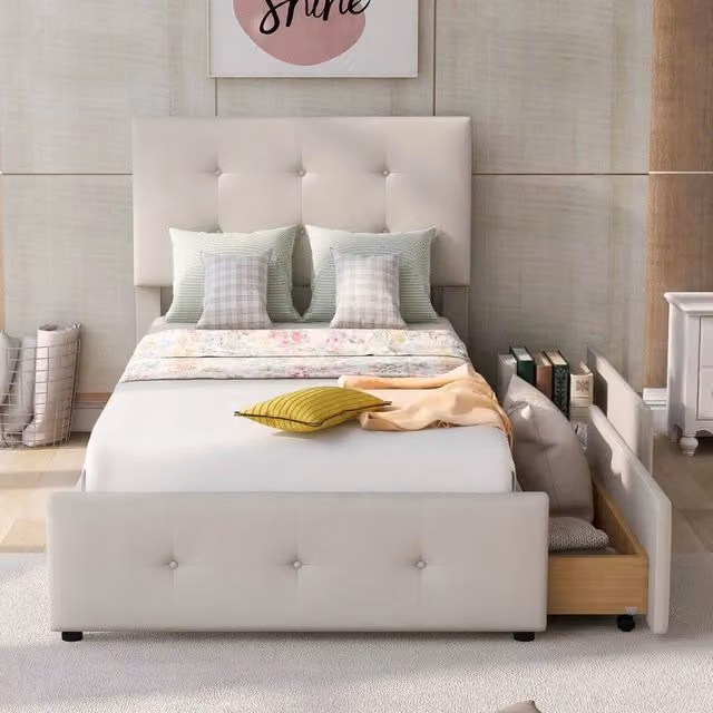 Letto 90x200 cm - Xylo - Testiera imbottita 2 cassetti velluto beige