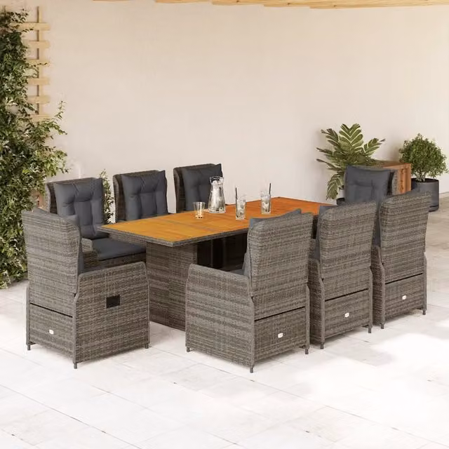 Set da pranzo da giardino vidaXL in polyrattan e legno di acacia grigio, 9 pezzi