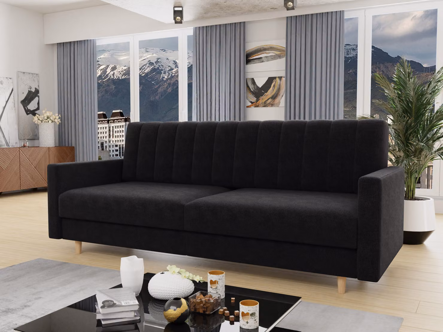 Divano letto Sara - Divano con contenitore e funzione letto, divano letto, divano letto con piedini in legno, velluto (nero (Kronos 07))